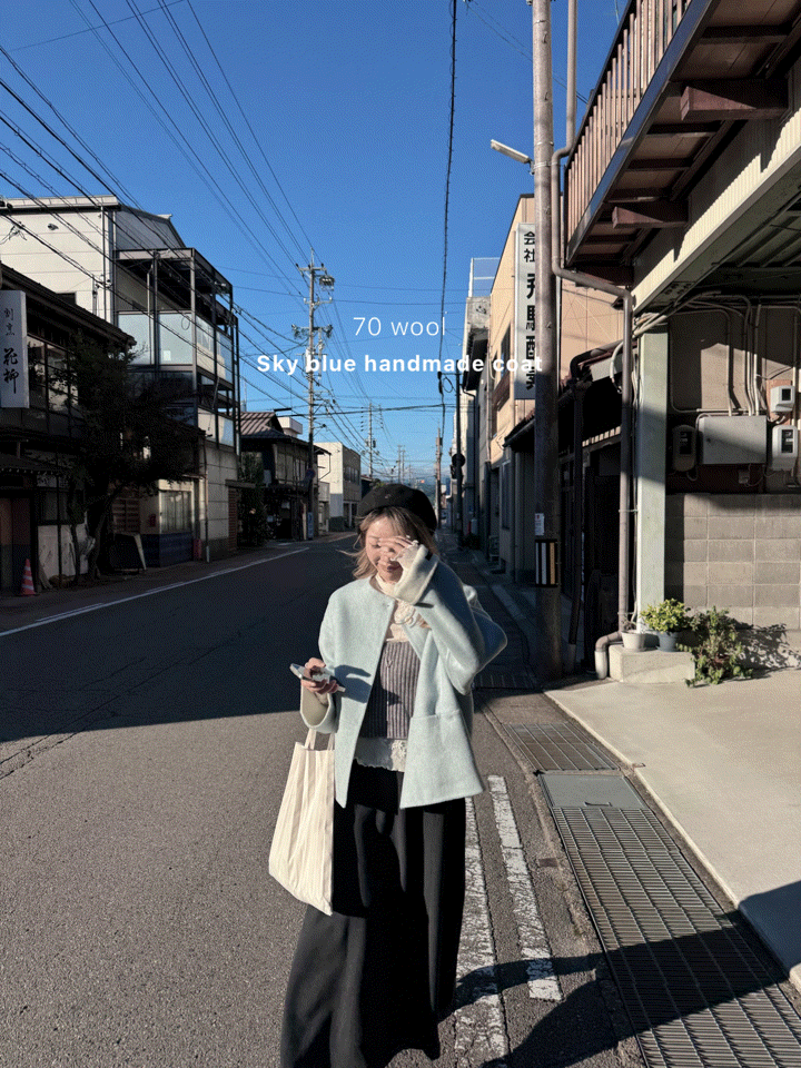 70 wool)Sky blue handmade coat