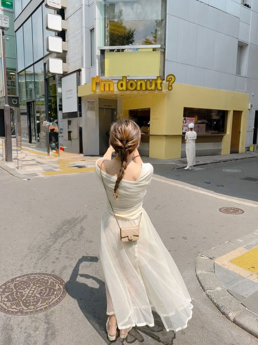 Cream split skirt pants
