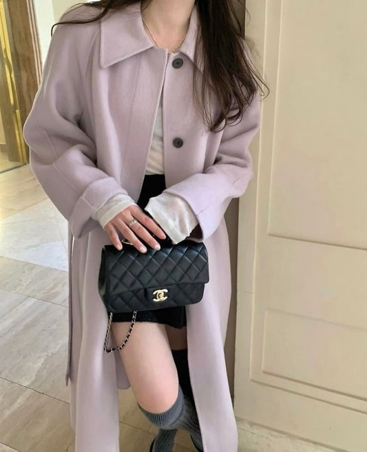 90 wool) Taro milk tea long handmade coat