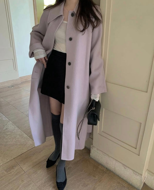 90 wool) Taro milk tea long handmade coat