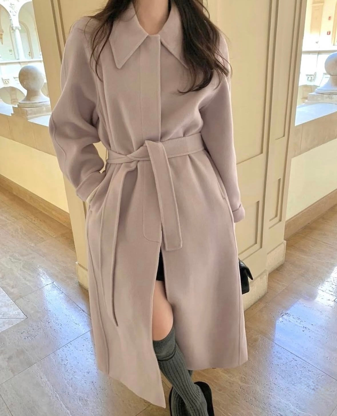 90 wool) Taro milk tea long handmade coat