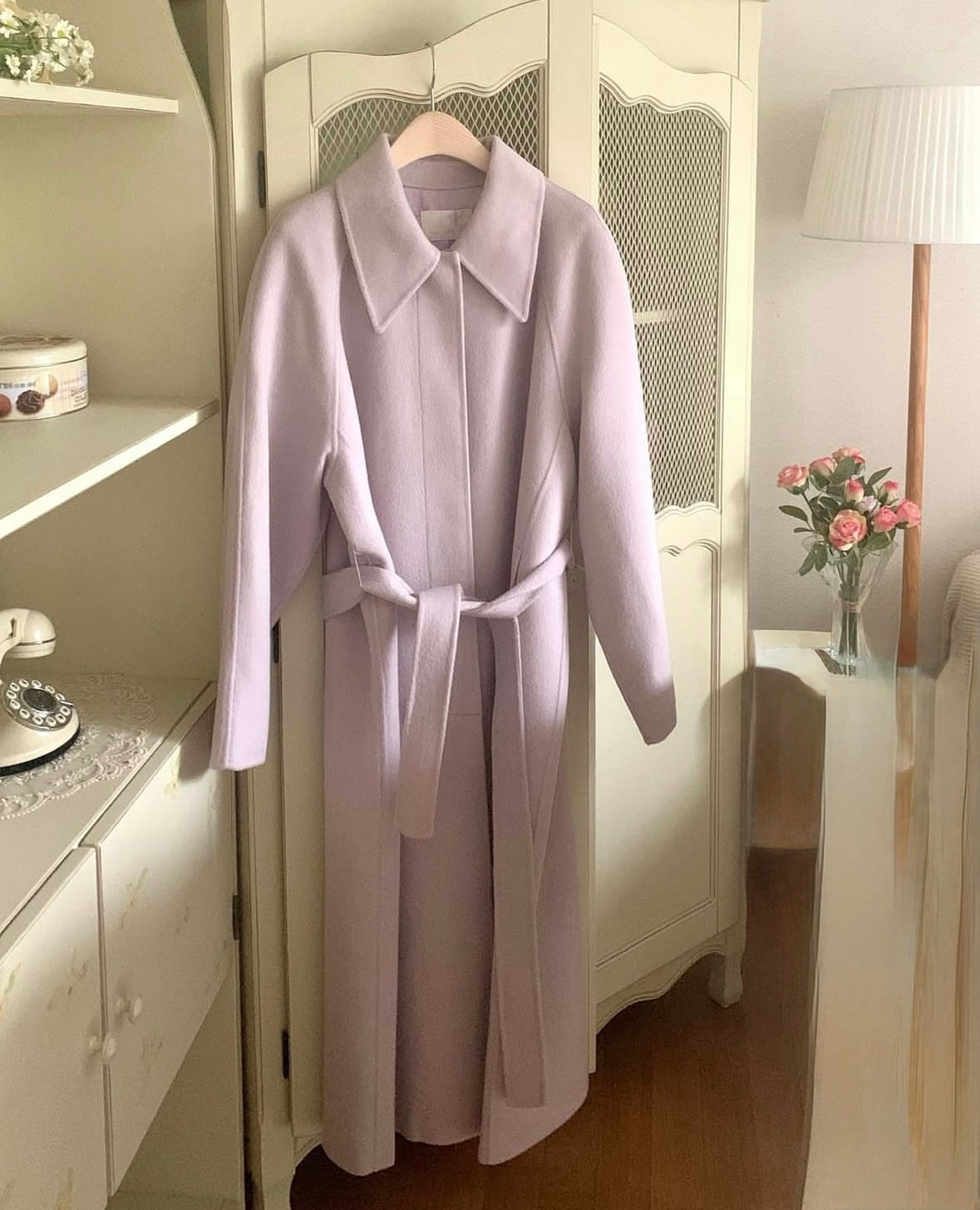 90 wool) Taro milk tea long handmade coat