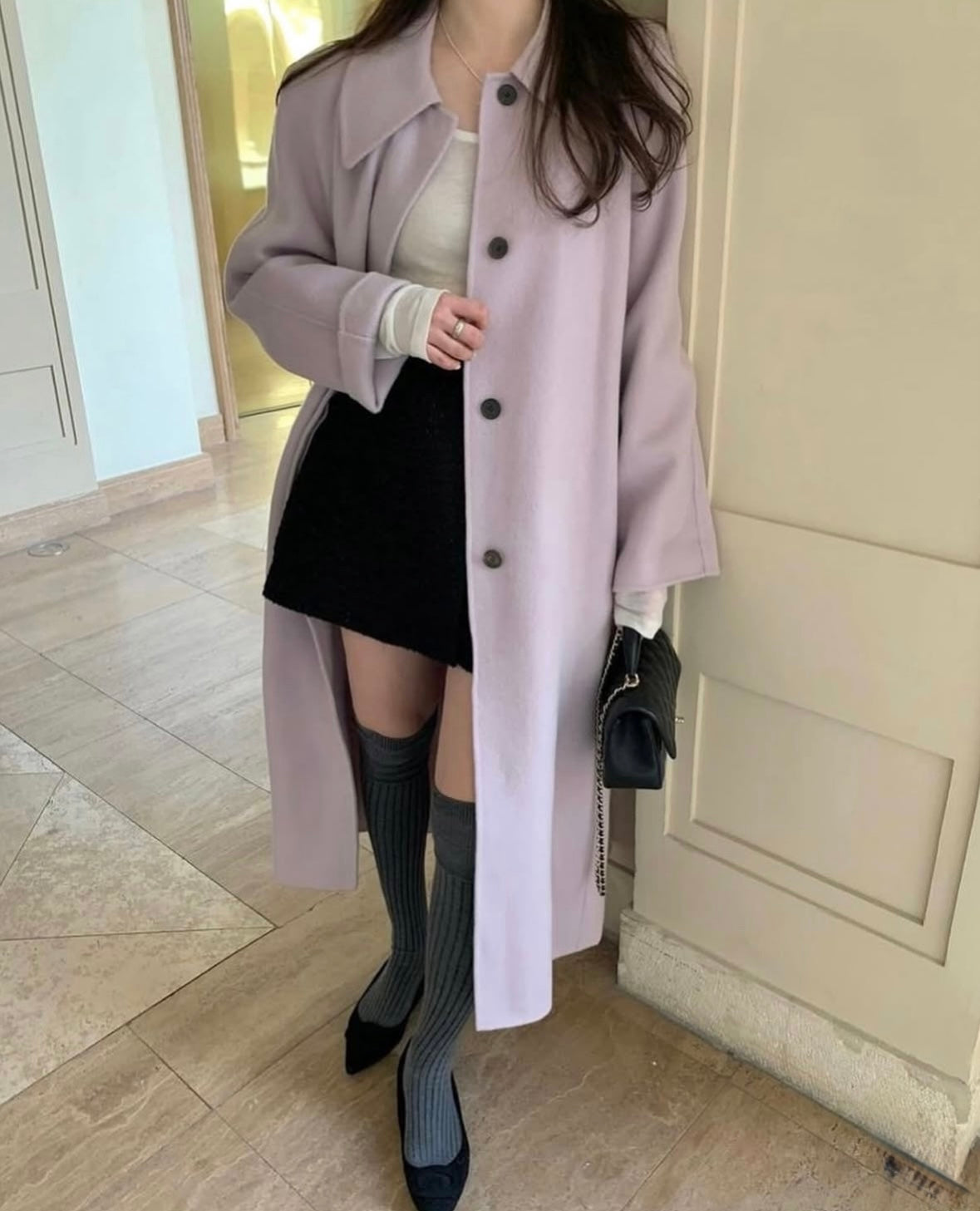 90 wool) Taro milk tea long handmade coat