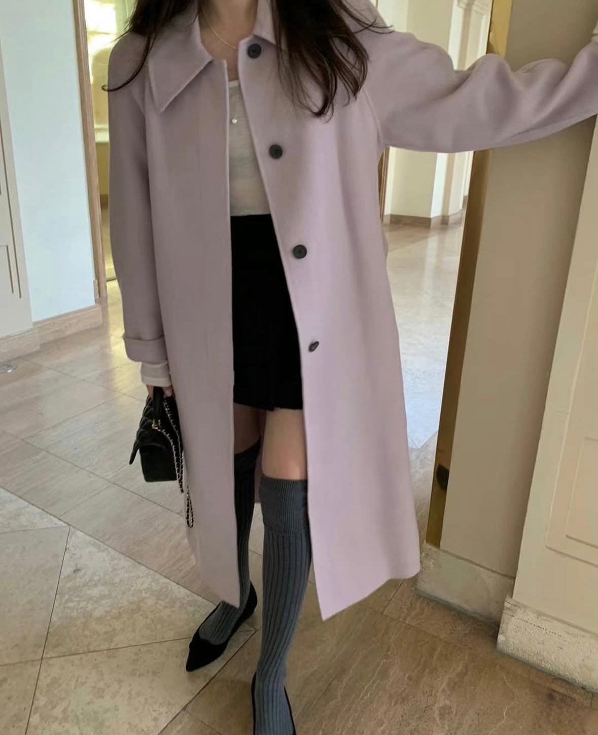 90 wool) Taro milk tea long handmade coat
