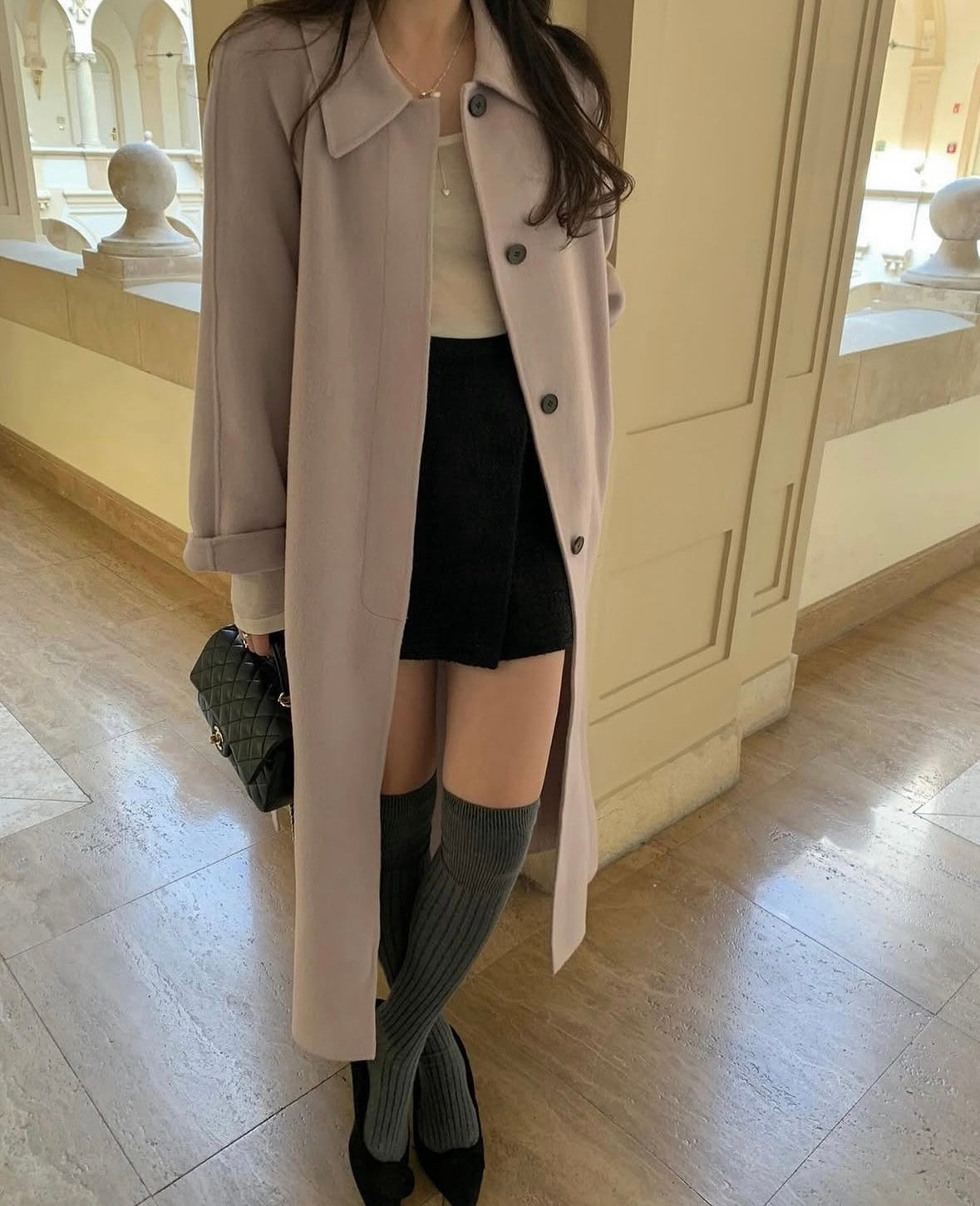 90 wool) Taro milk tea long handmade coat