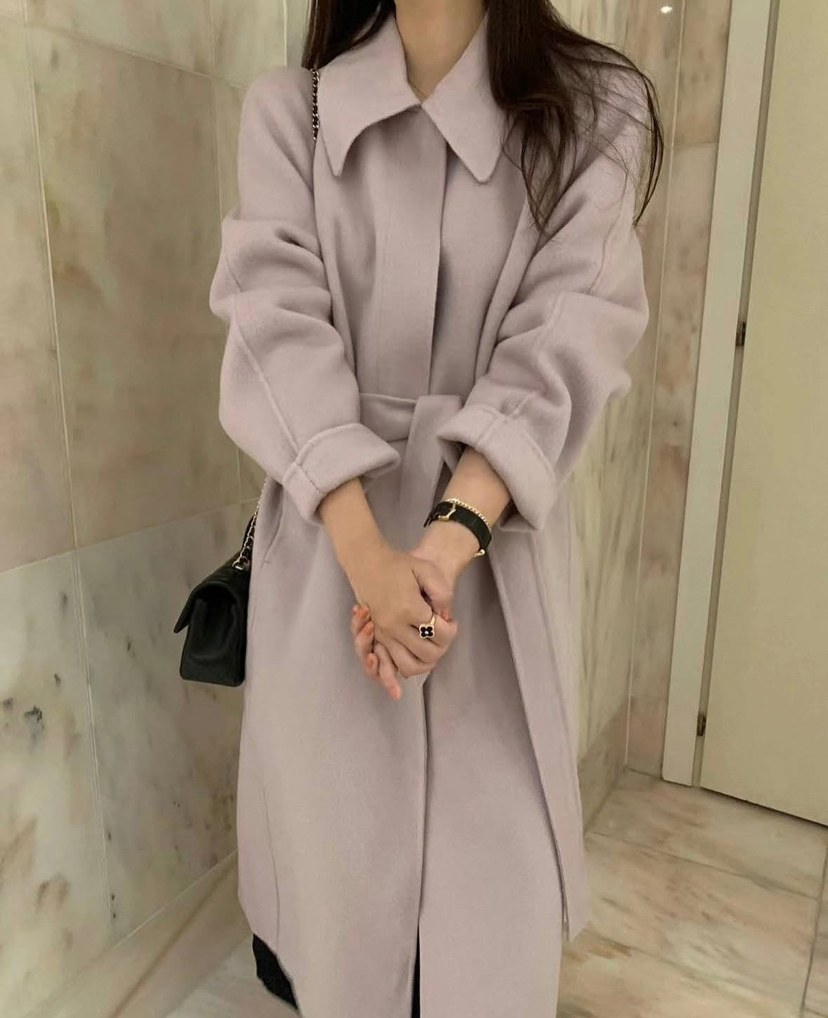 90 wool) Taro milk tea long handmade coat