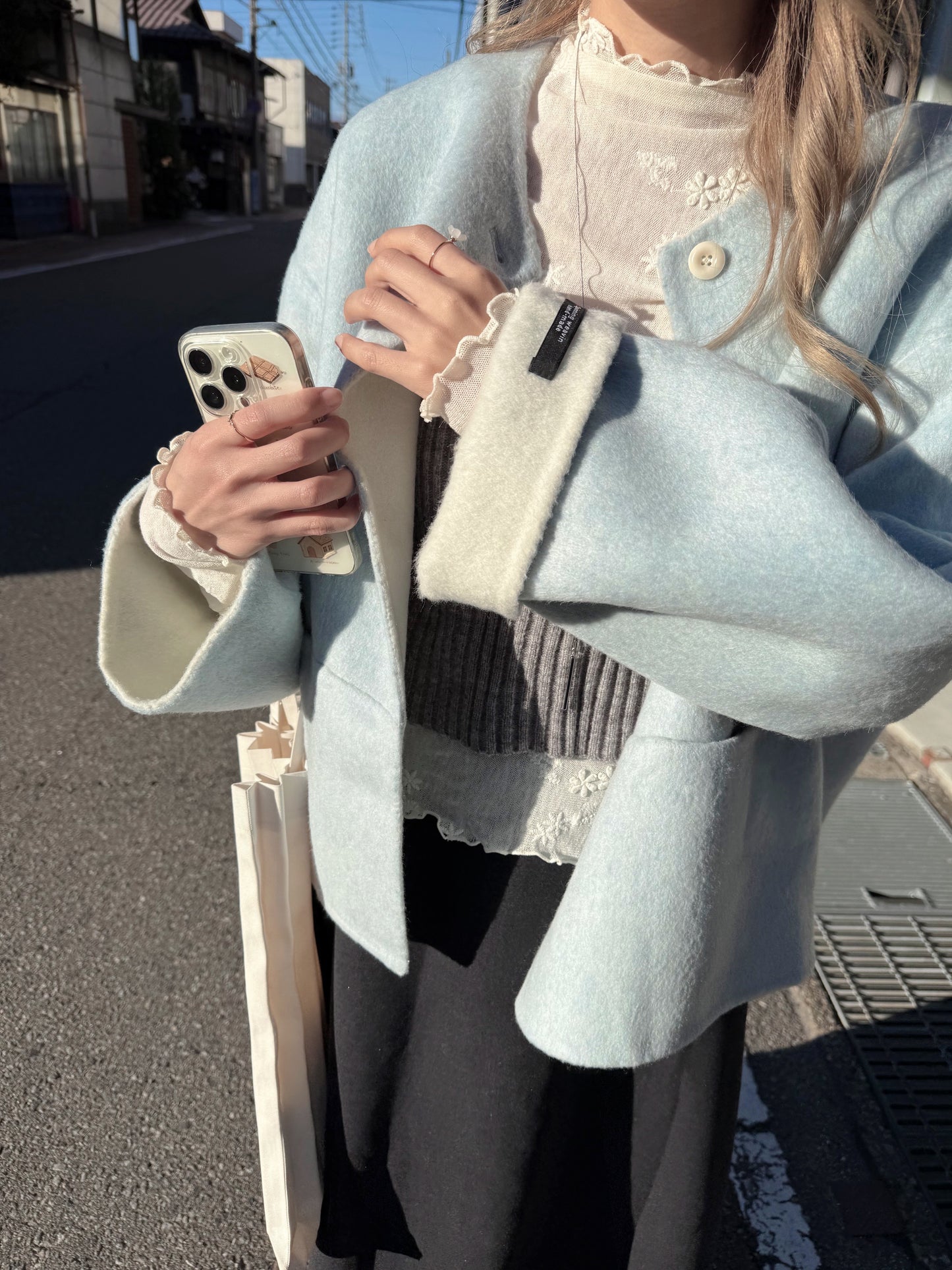 70 wool)Sky blue handmade coat